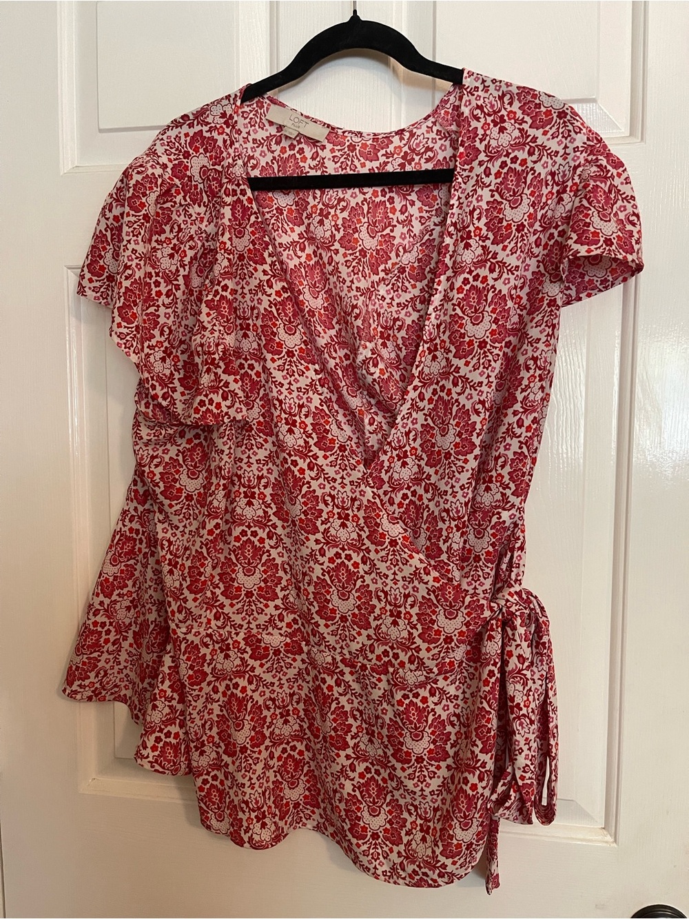 LOFT Red Floral Wrap Blouse
